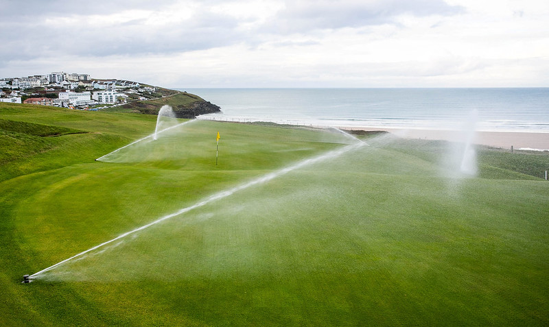 An aerial shot of a green at Newquay Golf Club.