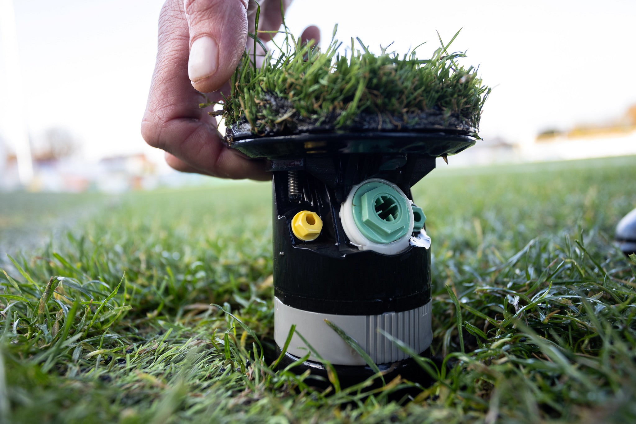 A close up of a Toro Irrigation B Series sprinkler being lifted out of the turf.