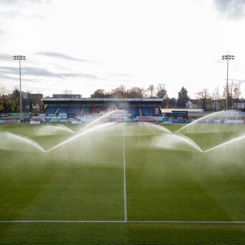 Sutton United Football Club in south London, pictured, here, is benefitting from using a SRC Ranger control system and Toro sprinklers.