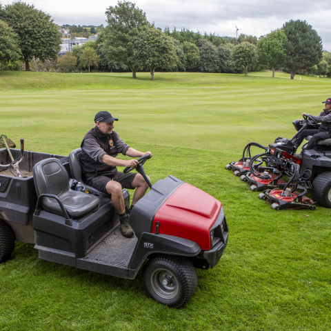 The Toro Groundsmaster 4300 rotary mower handles the roughs while a used-certified Toro Workman GTX aids the smooth running of the course.