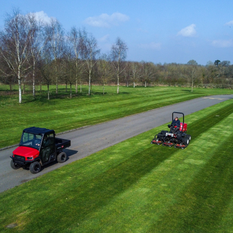 Toro's UTX is road ready, seen here alongside the club's Toro Groundsmaster 4300 rotary mower.