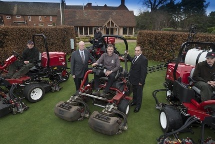 Jonathan Wood, course manager, seated, with Ray George from Oakleys Groundcare to his left and Lely’s John Pike