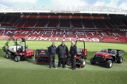 Tony Sinclair, MUFC grounds manager, centre, with Peter McGreevy, Cheshire Turf Machinery, left, and Nigel Lovatt, Lely UK, right, with the new Toros at Old Trafford