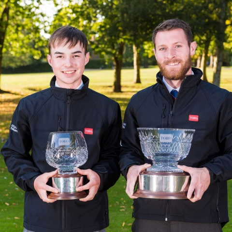 Daniel Ashelby of Wilmslow Golf Club, right, is the Student Greenkeeper of the Year Award 2018, while Danny Patten of Lee Park Golf Club is the Young winner.