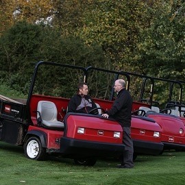 John O’Gaunt course manager, left, and Lely’s Julian Copping, with the club’s five Toro Workman.