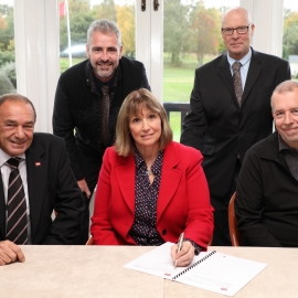 From left to right: Reesink's John Pike, Oakley's Kenny McNab, Trentham's general manager Una Handley, Trentham's managing director Ray George and Trentham's course manager Ed Stant.