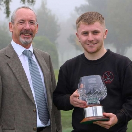 Trentham Golf Club’s Tom Bromfield, right, is presented the trophy for winning the Young Student Greenkeeper of the Year Award from sponsor Reesink Turfcare’s David Cole.