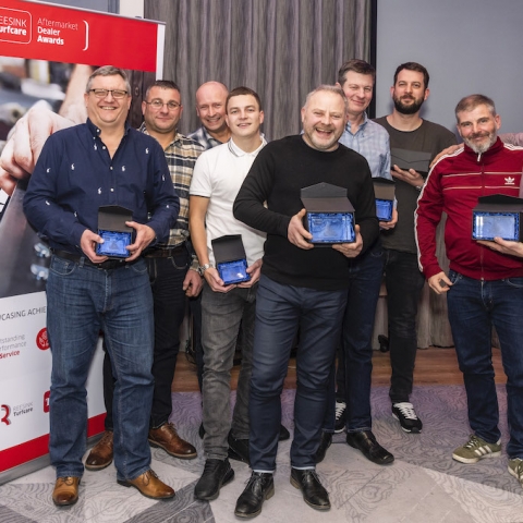 The winners, from left: Nathan Bond, Oliver Landpower, Russell Revill, Revill Mowers, Mark Woodward and Kyle Muldoon, Cheshire Turf Machinery, Glen McVittie, Lloyd Ltd, Graham Hall, RedTech Machinery, Simon Burton and Martin Bell, Lloyd Ltd and Jason Revi