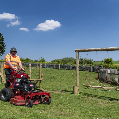 HHA Grounds Maintenance has been especially pleased with Toro’s GrandStand, seen in action here, for being compact and nimble with a beautiful cut.