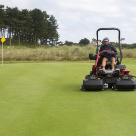 Links manager Chris Ball on Hillside Golf Club’s new Toro’s Greensmaster eTriFlex 3370 riding greensmower.