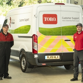 Paul Todd, Glenbervie course manager, right, with Stuart Barrie from Reesink Turfcare’s Livingstone branch.