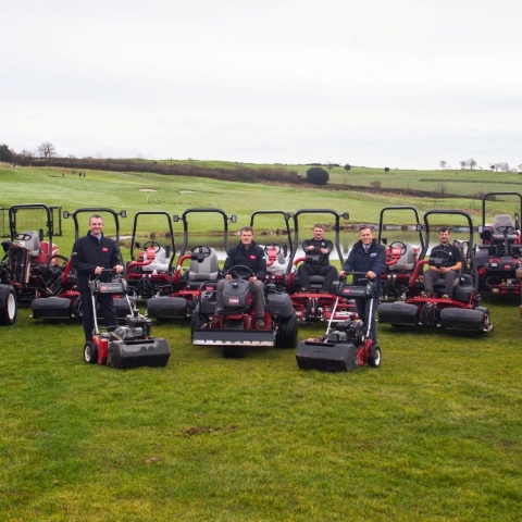 Boringdon Park Golf Club’s course manager Justin Austin, forefront centre, with Steve Dommett, Devon Garden Machinery, right and Reesink’s David Timms, with the Toro fleet and greenkeeping team.