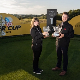 The 2021 winners: Matthew Milligan of Rudding Park Golf Club, right, the Toro Student Greenkeeper of the Year Award winner, and Rhian Barton of The Wisley Golf Club, the young award winner.