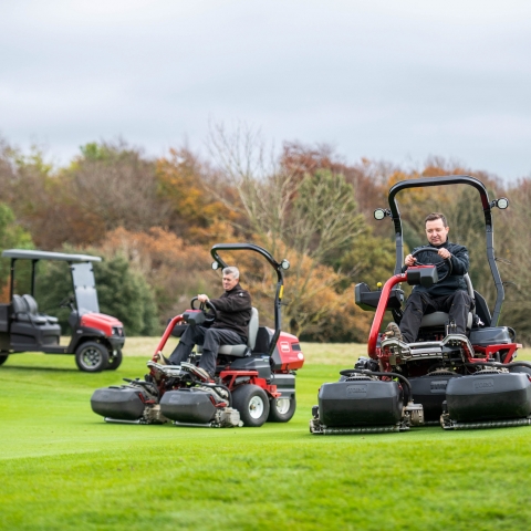 Head greenkeepers of the Park course Simon Berry, left, and of the Downs course Rob Dyer enjoying two of the venue’s new eTriFlex 3370 greensmowers.